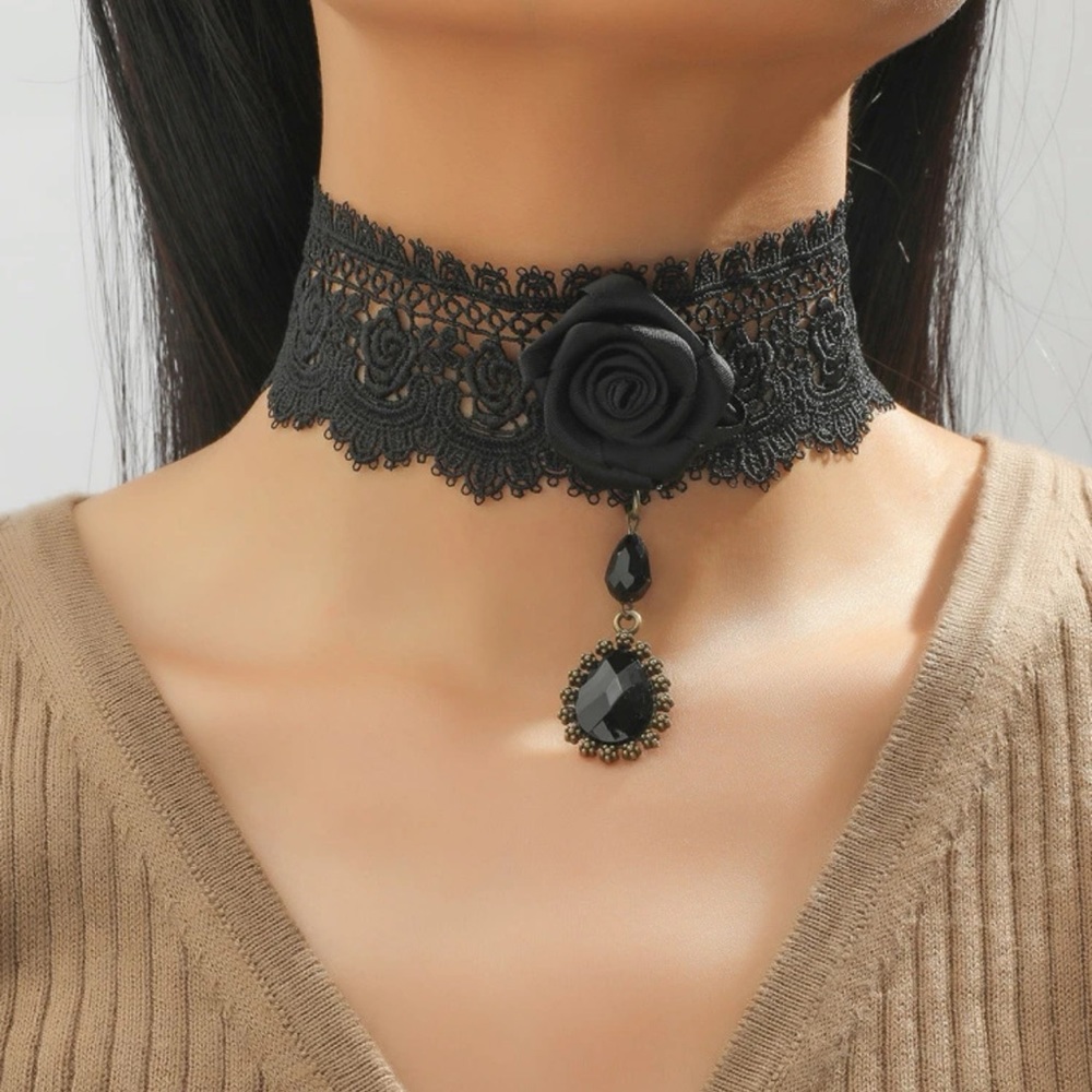Copy 🖤 Lovely Wide Floral Lace Rose Cameo Beat Tassel Gothic Victorian Choker 🖤